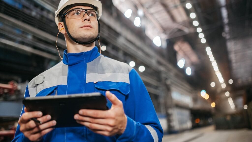 Industrial engineer reviewing condition-monitoring alarms on a tablet beside factory machinery