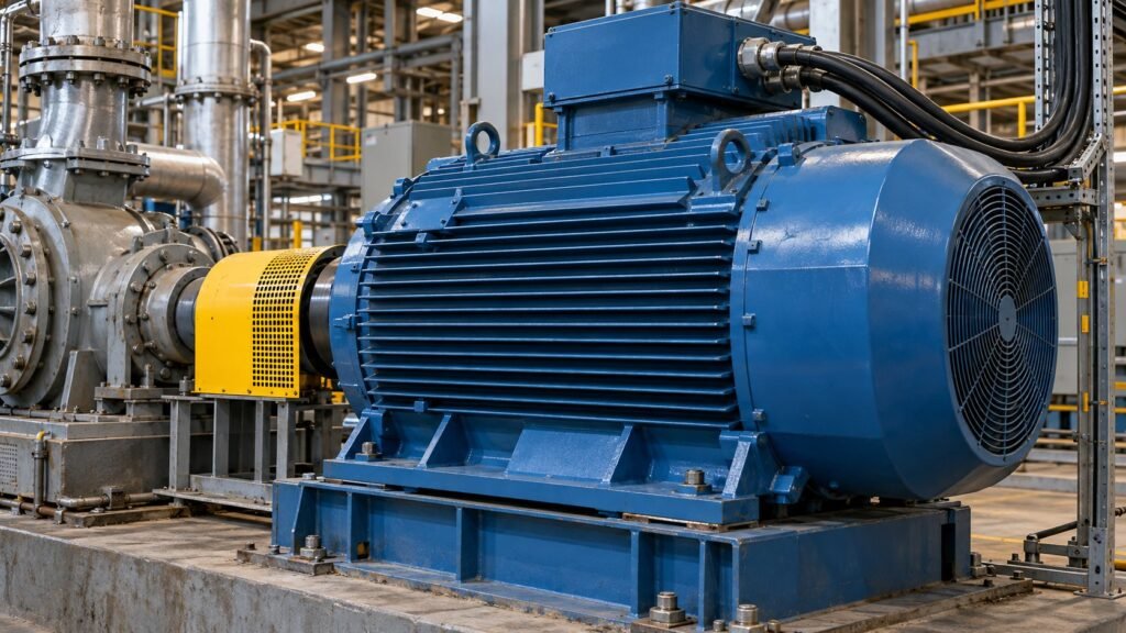 Illustrative large heavy-duty industrial electric motor driving a process pump, showing its cooling fins, power cabling and guarded coupling